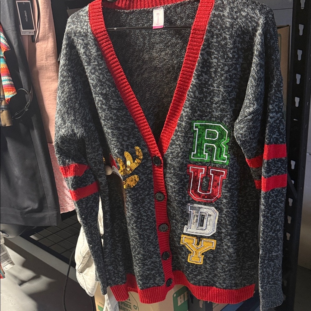 Gray and Red Cardigan with RUDY Patch